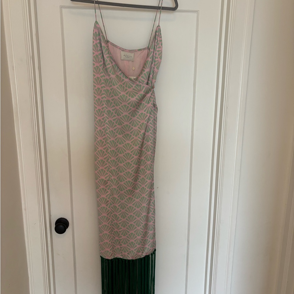 Azulu Pink and Green Patterned Dress with Fringe